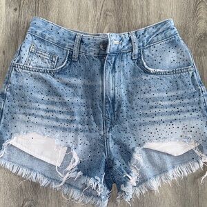 Bershka Light Blue Distressed Denim Shorts with Rhinestone Dots